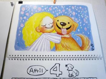 4月のカレンダーは、可愛らしい女の子とワンちゃんの絵。