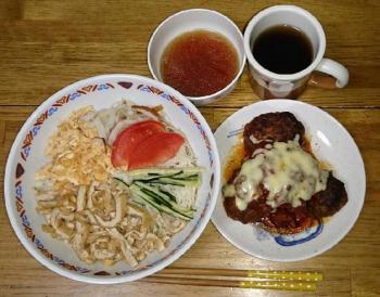 ちょっと遅めの夕飯（中華風素麺と煮込みハンバーグ）美味しかった！（父）